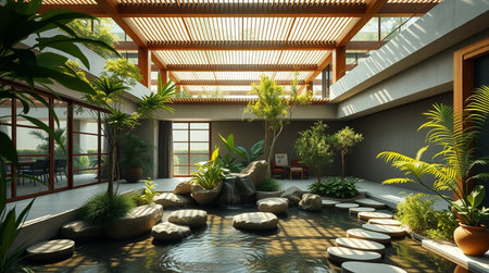 3D rendering of the interior of a tropical garden with a beautiful viewの写真素材