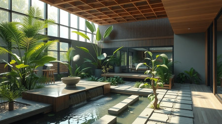 3d render of modern living room interior design with tropical plants.の写真素材