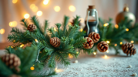 Christmas decoration with fir branches, pine cones and lantern on a light backgroundの写真素材