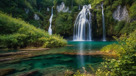 Waterfall in Plitvice Lakes National Park, Croatia. Panoramic viewの写真素材