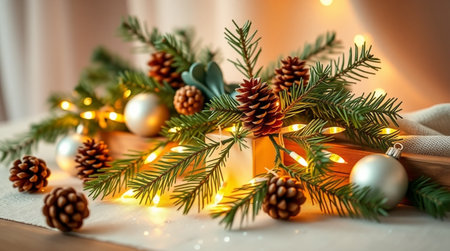 Christmas decoration on a wooden background with bokeh lights and fir branchesの写真素材