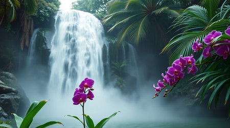Beautiful tropical waterfall with purple orchids in the jungle.の写真素材