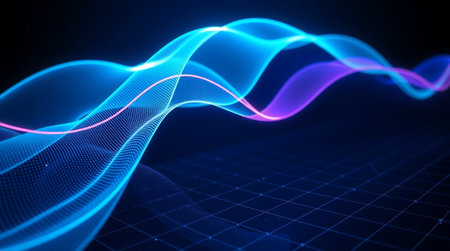 3D illustration of abstract digital wave background with glowing particles, lines and bokeh