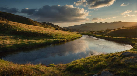 Landscape with a small river in the highlands at sunset.の写真素材