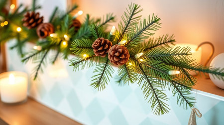 Christmas decoration with fir branches, pine cones and garland on a shelf in a roomの写真素材
