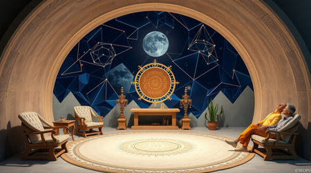 3D rendering of a room with a view of the moon and stars