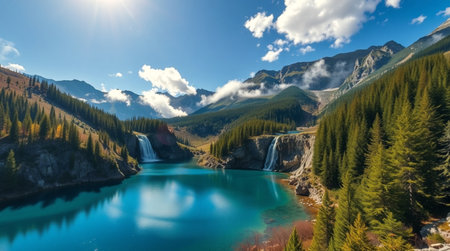 Panoramic view of turquoise lake in the highlands of Canadaの写真素材