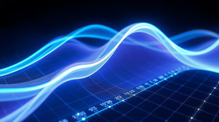 abstract blue wave background, 3d render, computer digital illustrationの写真素材