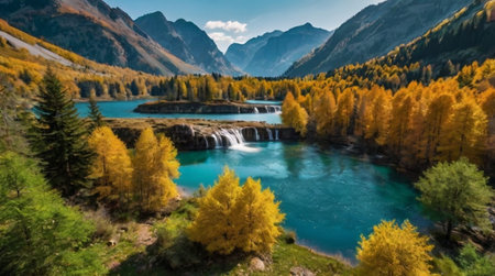Panoramic view of beautiful autumn alpine landscape with turquoise lake and yellow forest.の写真素材