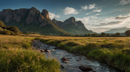 Panoramic view of a mountain river in the mountains at sunsetの写真素材