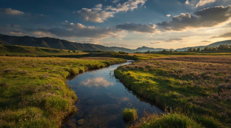 Panoramic view of a meadow and a river at sunsetの写真素材