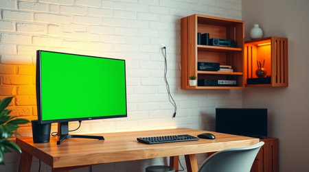 Computer with green screen on wooden table in office. 3D Rendering