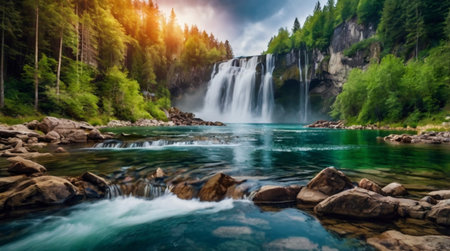 Beautiful waterfall in the forest. Summer landscape. Mountain river.の写真素材