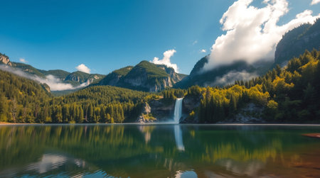 Idyllic view of alpine lake and waterfall in summer.