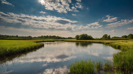 Panoramic view of a small river in the countryside in summerの写真素材
