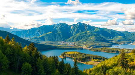 Panoramic view of the lake in the mountains. Summer landscapeの写真素材