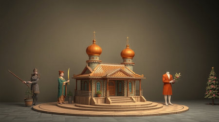 3D Illustration of a Christmas Scene with a Christian Church and a Priestの写真素材