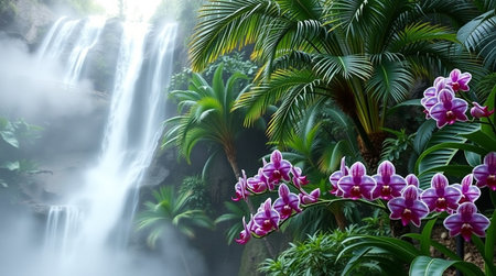 Beautiful tropical waterfall in the rainforest with orchids.