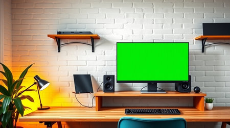 Computer with green screen on wooden desk in modern room. 3D renderingの写真素材