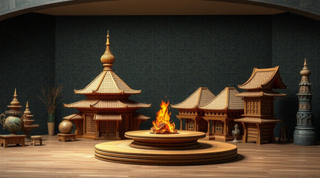Wooden Chinese temple with fire in the room. 3D renderingの写真素材