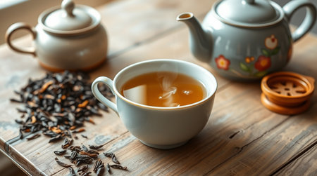 cup of black tea and teapot on wooden table, closeupの写真素材