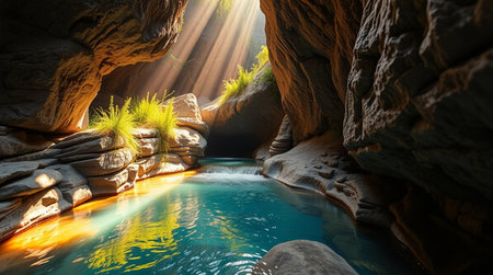 Canyon in the mountains at sunset with sunbeams and lens flare