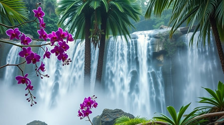 Beautiful waterfall in tropical forest. Waterfall with orchids.