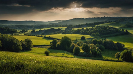Beautiful summer landscape with fields and meadows in the evening lightの写真素材