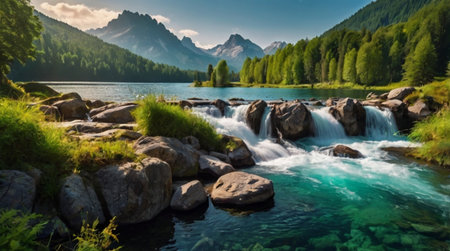 Mountain lake with a waterfall in the foreground. Landscape in the Alpsの写真素材