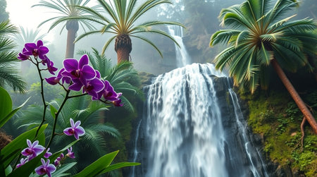 Beautiful waterfall in tropical forest with orchids and palm treesの写真素材