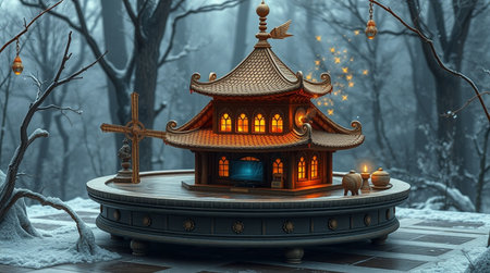 3D illustration of a small Chinese temple in a winter forest.の写真素材