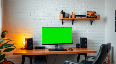 computer with green screen on the desk in front of a brick wallの写真素材