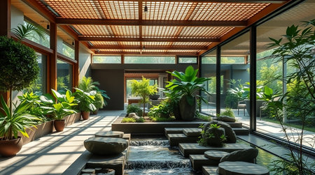 Interior of a modern villa, panoramic view of the gardenの写真素材