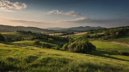 Beautiful panoramic view of green hills and mountains at sunset.の写真素材