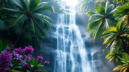 Tropical waterfall in the jungle with palm trees and flowers.の写真素材