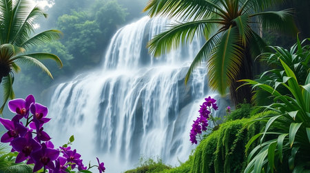 Beautiful waterfall in tropical forest with orchids and green leavesの写真素材