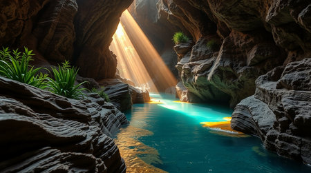 Fantasy landscape with waterfalls and sun rays. 3d renderingの写真素材