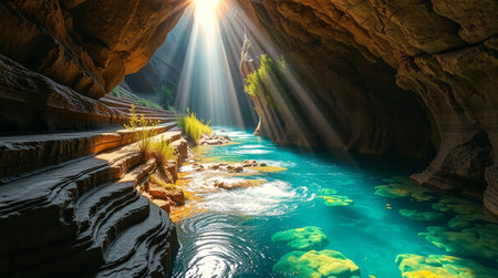 Fantastic view of the turquoise emerald water of the river in the canyonの写真素材