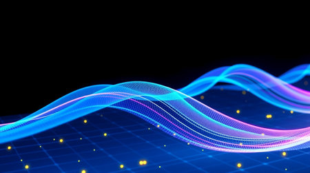 3d render, abstract background with glowing lines, blue and yellow