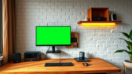 Modern computer with green screen on wooden table and white brick wall backgroundの写真素材