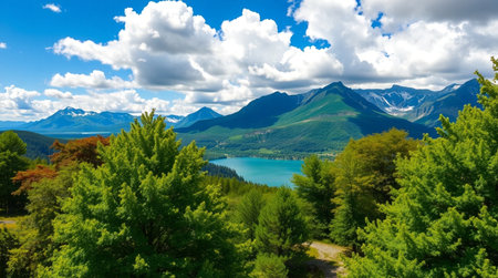 Panoramic view of the lake and mountains in New Zealand.の写真素材