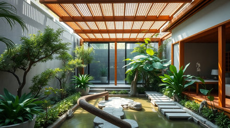 beautiful garden with wooden floor,chinese style garden design.の写真素材