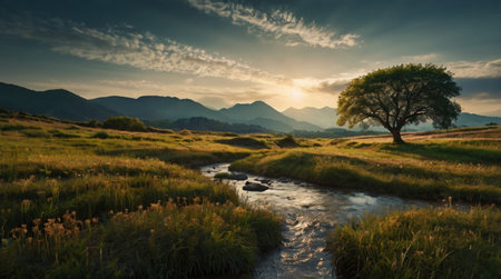 Mountain landscape with a small river and a tree at sunset.の写真素材