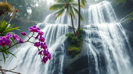 Beautiful waterfall in tropical forest with orchid flowers and palm treesの写真素材