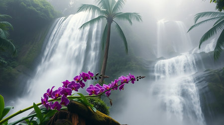 Tropical waterfall in the rainforest with purple orchid.の写真素材