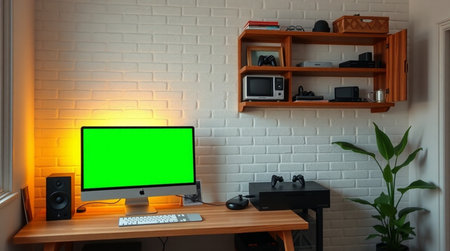 Computer with green screen on a desk in the room. 3d renderingの写真素材