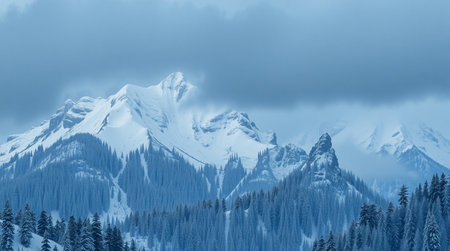Mountain landscape with snow covered peaks and coniferous forest.の写真素材