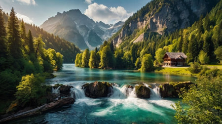 Panoramic view of alpine lake and wooden house in mountains.の写真素材