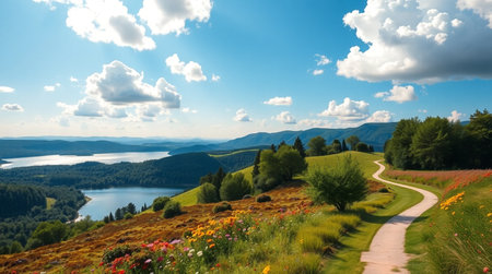 Panoramic view of the lake in the mountains. Summer landscape.の写真素材