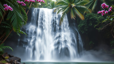 Tropical waterfall with orchids and palm trees in jungleの写真素材